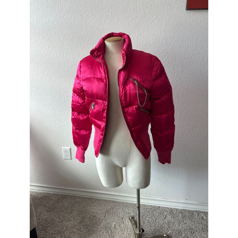 Y2K Express Hot Pink Satin Puffer Bomber Jacket